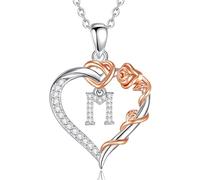 EUDORA Harmony Ball Collier en Cuivre Plaqué Rhodium avec Initiale en Forme de Cœur et Zircone Cubique pour Femme, Pendentif en or Rose avec Lettre M et Cœur Alphabet M Bijoux Personnalisés, 18"