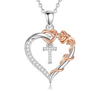 EUDORA Harmony Ball Collier en Cuivre Plaqué Rhodium avec Initiale en Forme de Cœur et Zircone Cubique pour Femme, Pendentif en or Rose avec Lettre T et Cœur Alphabet T Bijoux Personnalisés, 18"