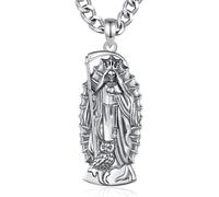 EUDORA Harmony Ball Collier Sainte Mort en argent sterling S925 pour Homme et Femme, Pendentif Vintage Santa Muerte Sainte Mort, Amulette Crâne Faucheuse Bijoux Cadeaux Originaux, 55,9 cm + 5,1 cm