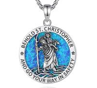 EUDORA Harmony Ball Médaille de Saint Christophe pour Homme et Femme en Argent sterling S925 avec Opale Bleue, Pendentif de St Christophe Amulette Religieuse Chrétienne Bijoux Cadeaux, 20+2"