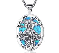 EUDORA Harmony Ball S925 Argent Sterling San Judas Tadeo Collier Médaille avec Opale Bleue pour Femme Homme, Saint Jude Thaddeus Amulette Pendentif Chrétien Catholique Bijoux Cadeaux, 24" + 20"
