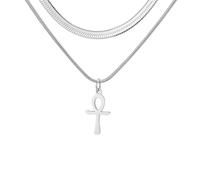 EUEAVAN Collier Ankh Cross Y Pendentif Clé de la vie Œil d'Horus Cartouche Longue chaîne Protection Amulette copte africaine Bijoux religieux égyptiens anciens Cadeau (Croix Ankh superposée)