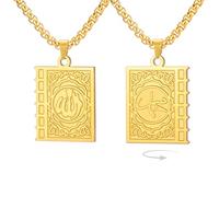 EUEAVAN Collier islamique double face Coran Livre Muhammad Prophète Allah Pendentif Calligraphie arabe Ayatul Kursi Bijoux religieux musulmans Islam Eid Ramadan Cadeau pour hommes et femmes (Or)