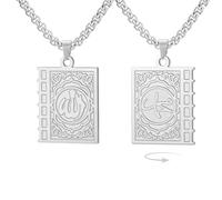 EUEAVAN Collier islamique double face Coran Livre Muhammad Prophète Allah Pendentif Calligraphie arabe Ayatul Kursi Bijoux religieux musulmans Islam Eid Ramadan Cadeau pour hommes et femmes (Argent)