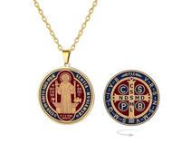 EUEAVAN Collier médaille de St Benoît en Y double face Médaille de San Benito Croix Pendentif Rosaire Exorcisme Amulette Chrétienne Catholique Bijoux Religion Cadeau pour Femme, Moyen, Acier