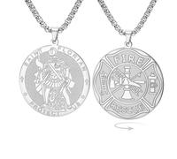 EUEAVAN Collier Saint Florian pour homme Médaillon double face Saint Florian, patron des pompiers Pendentif amulette religieuse Bijou catholique chrétien Cadeau pompier Accessoires pompier (argent)