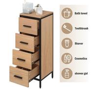 EUGAD Armoire Salle de Bain, Placard avec 4 Tiroirs Étagés, Meuble Colonne sur Pied, Commode de Rangement en Bois Artificiel et MDF Couleur Bois, Cadre en Métal Noir, 30x30x82cm