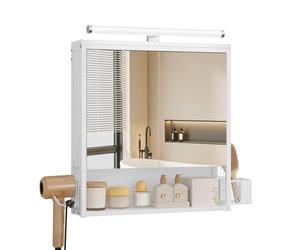 EUGAD Armoire de salle de bain avec éclairage LED, armoire de salle de bain avec miroir, armoire suspendue avec étagère réglable, panier en métal MDF, blanc, 56 x 13,5 x 65 cm