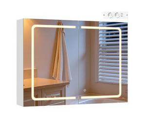 EUGAD Armoire Murale Salle de Bain, avec Miroir LED, Éclairage Tactile 3 Couleurs, Meuble WC Suspendu avec 3 Portes, Étagère Réglable, Crochets à Bijoux, Blanc, Moderne (80x14,5x60 cm)