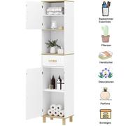 EUGAD Armoire Salle de Bain Haute sur Pied, Meuble de Rangement Colonne, Placard Blanc avec 4 Compartiments derrière 2 Portes, 1 Compartiment Ouvert et 1 Tiroir, MDF, 39x30x179cm