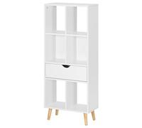 EUGAD Bibliothèque à 4 Niveaux, Étagère de Rangement avec 6 Compartiments et 1 Tiroir pour Salon, Cuisine, Bureau, en Panneaux de Bois Composé, Blanc, 50x24x120 cm