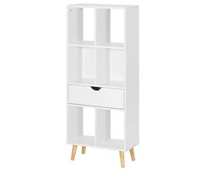 EUGAD Bibliothèque à 4 Niveaux, Étagère de Rangement avec 6 Compartiments et 1 Tiroir pour Salon, Cuisine, Bureau, en Panneaux de Bois Composé, Blanc, 50x24x120 cm