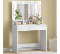 EUGAD Coiffeuse avec Grand Miroir LED, Lumières Réglables, Table de Maquillage avec 2 Tiroirs, 3 Compartiments, 1 Étagère, Meuble de Rangement Chambre, Moderne, en Bois, Blanc