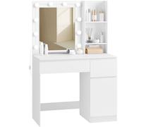EUGAD Coiffeuse avec Miroir LED, 3 Modes d’Éclairage Réglables, 90cm, Coiffeuse avec 2 Tiroirs + Armoire + Étagères, Meuble Table de Maquillage Blanche pour Chambre Fille Femme, 0055SZT
