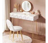 EUGAD Coiffeuse avec Miroir LED Réglable à 3 Niveaux, Table de Maquillage avec Chaise en Velours, avec 3 Tiroirs à Effet 3D en Bois Massif, Blanc+Doré, 0054SZT