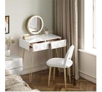 EUGAD Coiffeuse avec Miroir LED Réglable, Table de Maquillage avec Chaise, 2 Tiroirs à Effet 3D en Bois Massif, Blanc+Doré E0EG0060