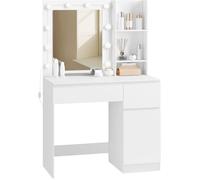EUGAD Coiffeuse avec Miroir LED, 3 Modes d’Éclairage Réglables, 90cm, Coiffeuse avec 2 Tiroirs + Armoire + Étagères, Meuble Table de Maquillage Blanche pour Chambre Fille Femme, 0055SZT