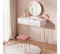 EUGAD Coiffeuse avec Miroir Rond et Tabouret en Velours Rose, Table de Maquillage à 2 Tiroirs avec Effet 3D, Plateau Brillant 80 cm, Montage Facile, Design Moderne, Blanc + Doré, 0042SZT