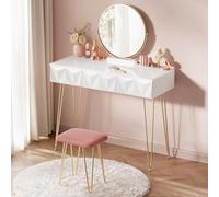 EUGAD Coiffeuse avec Miroir Rond et Tabouret en Velours Rose, Table de Maquillage à 3 Tiroirs avec Effet 3D, Plateau Brillant 100 cm, Montage Facile, Design Moderne, Blanc + Doré, 0016SZT