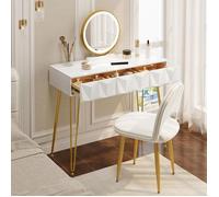 EUGAD Coiffeuse pré-assemblé - avec chaise en Velours - Table de Maquillage - Miroir LED Réglable - Blanc+Doré