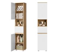 EUGAD Colonne Bain 2 Portes Tiroir Étagères 35x30x176.5cm Blanc+Chêne
