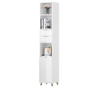 EUGAD Colonne Salle de Bain, Meuble Salle de Bain, Meuble WC, 3 Compartiments Ouverts, 2 Tiroirs et 1 Placard avec Porte, Étagère Réglable, 30x28,5x160 cm, en MDF, Blanc Brillant