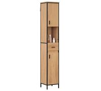 EUGAD Colonne Salle de Bain, Meuble Salle de Bain Rangement, avec 1 Tiroir, 2 Placards à Porte, 1 Casier Ouvert, Étagères Réglables, 30x30x180cm, Chêne Clair+Noir