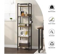 EUGAD Étagère de Rangement Industrielle à 5 Niveau, Bibliothèque Ouverte d'Échelle, Étagère d'angle Autoportante, Cadre Métallique et Bois, 4 Crochets, Chêne Foncé + Noir, 40x30x152,5cm