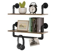 EUGAD Étagère Murale en Bois, Décoration Industrielle, Lot de 2 Étagère Flottantes pour Chambre, Salle de Bain, Salon, Cuisine, Etagere Style Tuyau 60cm vec Porte-Serviettes, Marron Rustique