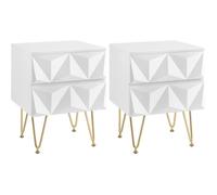 EUGAD Lot de 2 Table de Chevet avec 2 Tiroirs à Effet 3D, Table de Nuit en MDF et Métal, 40x40x53 cm, Blanc+Doré E0EG0021-2