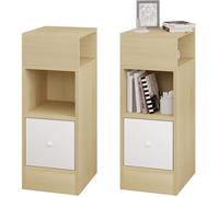 EUGAD Lot de 2 Tables de Chevet Étroite, Tables de Nuit avec 2 Compartiments Ouverts et 1 Tiroir, 25x30x66cm, Compact, en Bois d'Ingénierie, pour Chambre, Salon, Chêne Clair, 0192ZZ-2