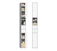 EUGAD Meuble Colonne de Salle de Bains, Armoire Rangement WC avec 2 Tiroirs, 2 Portes, Étagères Réglables et Compartiments Ouverts, Blanc + Gris, 20x20x180cm