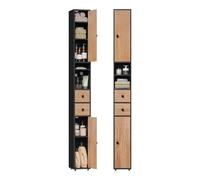 EUGAD Meuble Colonne de Salle de Bains, Armoire Rangement WC avec 2 Tiroirs, 2 Portes, Étagères Réglables et Compartiments Ouverts, Noir + Bois Clair, 20x20x180cm