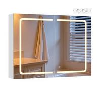 EUGAD Meuble de Salle de Bain avec Miroir LED Éclairage Tactile 3 Couleurs, Placard Mural avec 2 Portes, 2 Étagères Réglables, Crochets à Bijoux, Style Scandinave, Blanc, 80x14,5x60 cm