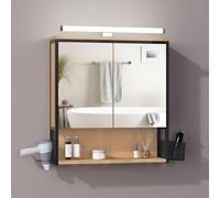 EUGAD Meuble de Salle de Bain Mural avec Miroir LED, Chêne+Noir | Étagère réglable, support sèche-cheveux, 3 compartiments, MDF et métal, rangement organisé