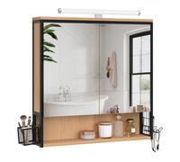 EUGAD Meuble Murale de Salle de Bain avec Miroir LED, Placard Mural de Toilette avec 3 Compartiments de Rangement et Étagère Intérieure Réglable, Chêne Clair+Noir, 70x14,5x70 cm