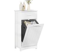 EUGAD Meuble Panier à Linge, Meuble Salle de Bain avec Panier à Linge, Armoire Salle de Bain, 1 Tiroir, 1 Corbeille à Linge avec 2 Compartiments, en MDF et Tissu, Blanc, 42x30x82cm