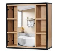 EUGAD Meuble Salle de Bain Mural avec Miroir Armoire Salle de Bain Rangement Armoire de Toilette, 6 Compartiments Ouverts, Étagères Réglables, en Bois d’Ingénierie et Métal, 60x58x16