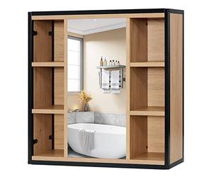 EUGAD Meuble Salle de Bain Mural avec Miroir Armoire Salle de Bain Rangement Armoire de Toilette, 6 Compartiments Ouverts, Étagères Réglables, en Bois d’Ingénierie et Métal, 60x58x16