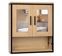 EUGAD Meuble Salle de Bain Mural avec Miroirs, Placard WC avec 2 Portes, 1 Étagère Réglable et 1 Compartiment Ouvert, en Bois d'Ingénierie + Métal, Chêne Clair+Noir, 56x13x60 cm