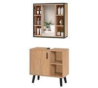 EUGAD Meuble sous Lavabo + Armoire Miroir 60cm, étagères réglables, Bois | Meuble sous lavabo 60cm + miroir mural. Peu encombrant, étagères réglables, Bois E1, cadre inox, pieds surélevés