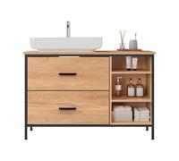 EUGAD Meuble sous Lavabo, Placard WC de Rangement, avec 2 Tiroirs et 3 Compartiments Ouverts, Structure Métal - Bois d'Ingénierie, Chêne Clair - Noir, 90x30x60 cm