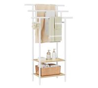 EUGAD Porte Serviette Salle de Bain, Porte Serviette sur Pied, à 3 Niveaux, avec 2 Étagères, Métal Blanc+Bois d'Ingénierie en Chêne Clair, 68x28x116,5 cm