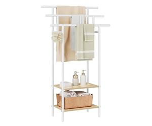 EUGAD Porte Serviette Salle de Bain, Porte Serviette sur Pied, à 3 Niveaux, avec 2 Étagères, Métal Blanc+Bois d'Ingénierie en Chêne Clair, 68x28x116,5 cm