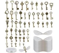 EUGENEKELLY Lot de 50 clés rustiques en bronze antique avec 50 ailes de libellule, 1 fil de perles de 30 mètres pour colliers, bijoux, clés de bricolage