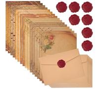 EUIEUT 16 Ensemble de Papier Vintage Fleur avec 16 Sceaux de Cire Plastique, 8 Styles Autocollant Papier a Lettre avec Enveloppe Vintage, Papier Kraft pour Lettres, Cadeaux, Scrapbooking, Invitations