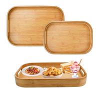 EUIEUT 2 Pcs Plateau Bois Rectangulaire, Plateaux Petit-Déjeuner avec Poignées, Plateau Service avec Rebord Surélevé, Plateaux Traiteur Bambou 2 Tailles, pour Cuisine Restaurant Boisson Snack