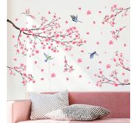 EUIEUT 4 Feuilles Stickers Muraux Fleurs de Cerisier, Autocollant Muraux Floral Étanche, Stickers Muraux Floral en PVC, Autocollant Mural Fleur Rose et Oiseaux, pour Salon Chambre Arrière-Plan Cuisine
