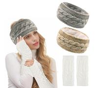 EUIEUT Ensemble de 2 Bandeaux d'Hiver pour Femmes avec 1 Paire de Gants Chauffants Tricotés pour Poignets, Bandeaux Epais pour Cheveux Tricotés, Bandeau Chaud pour Femmes et Filles (Beige, Gris)