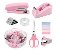 EUIEUT Kit de Fournitures de Bureau Rose, Accessoires Bureau Papeterie Kawaii, Comprenant Agrapheuse Bureau, Ôte-agrafe, Agrafes, Marque Page Adhésif, Dévidoir de Ruban Adhésif, Ciseaux, Pince, Ruban